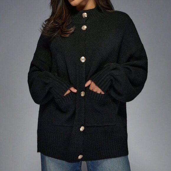 Black Casual Women's Knitted Button Drop Shoulder Long Sleeves Cardigan - Picture 5 of 6